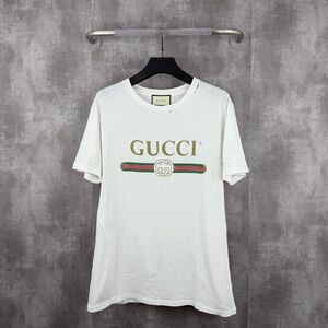 🚩steal authentic Gucci White Tee with Gold Logo and Green-Red Stripe
